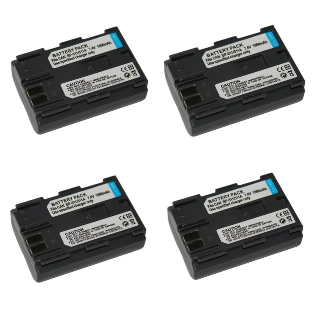 4 pcs 1800 MAH BP511 BP511A Battery for CANON PowerShot EOS 5D 50D 40D