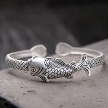 Горячая Мода 999 серебро рыба карп открытие 15 мм ширина манжеты браслеты для женщин мужские ювелирные изделия браслеты