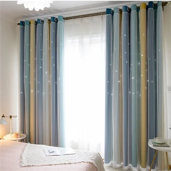 

Nordic Gradient Stripes Hollow Stars Blackout Curtains For Living Room Bedroom Voile Drapes Blue Gradient Blackout Curtain 180#4