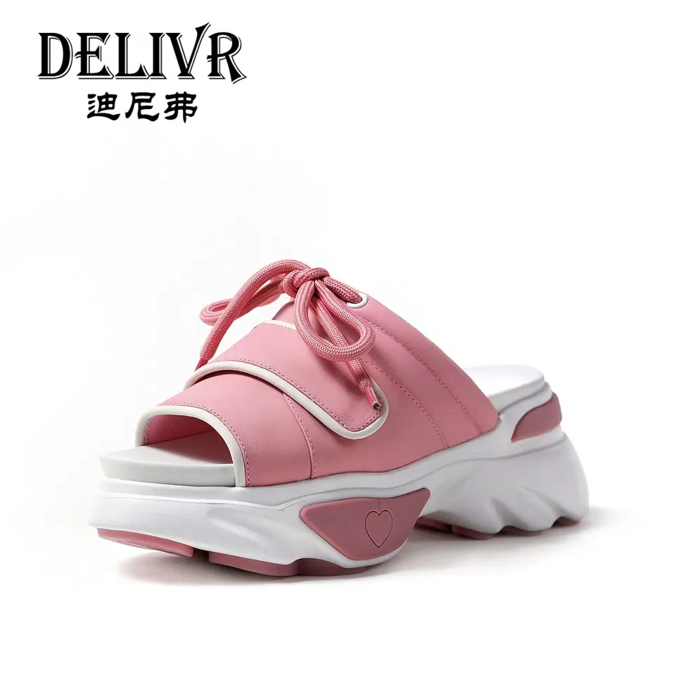 

Delivr Platforms Women Slippers Leather Thick Sole Increasing Shoes Ladies Slippers Fashion Peep Toe Female Slipper 2019 Summer