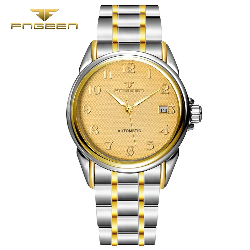 

Fashion FNGEEN Brand Simple Gridding Texture Dial Automatic Mechanical Men Business Wrist Watch Calender Display Clock 6608G