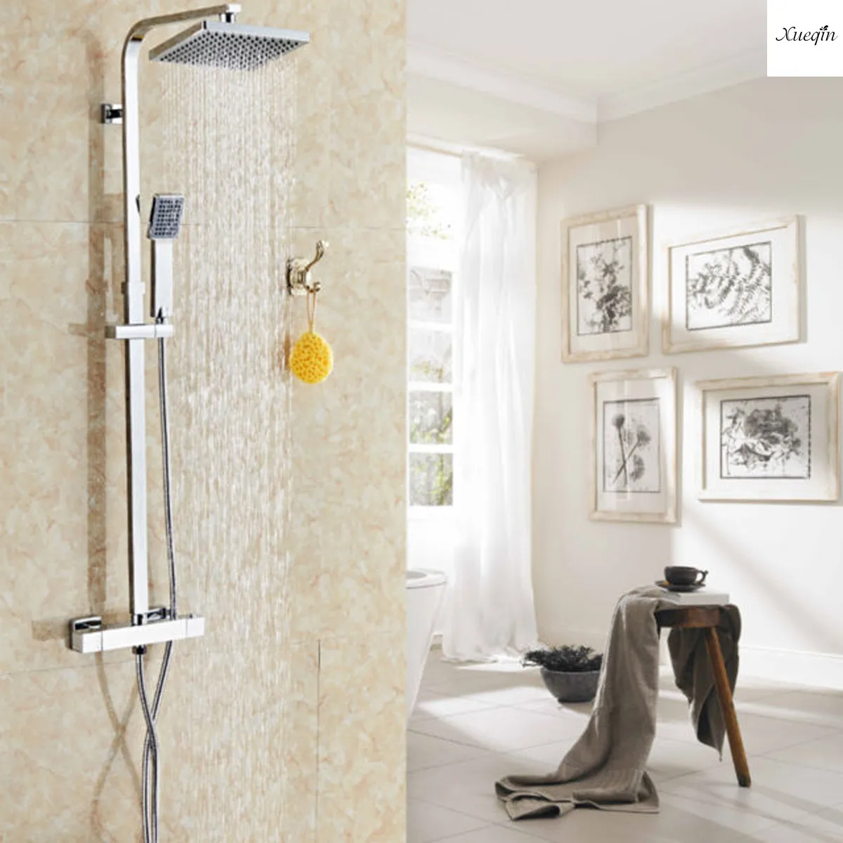 

Modern Bathroom Rainfall Waterfall Thermostatic Shower Set Square ABS Chrome With Hand Spray Wall Mount Shower Arm Mixer Tap
