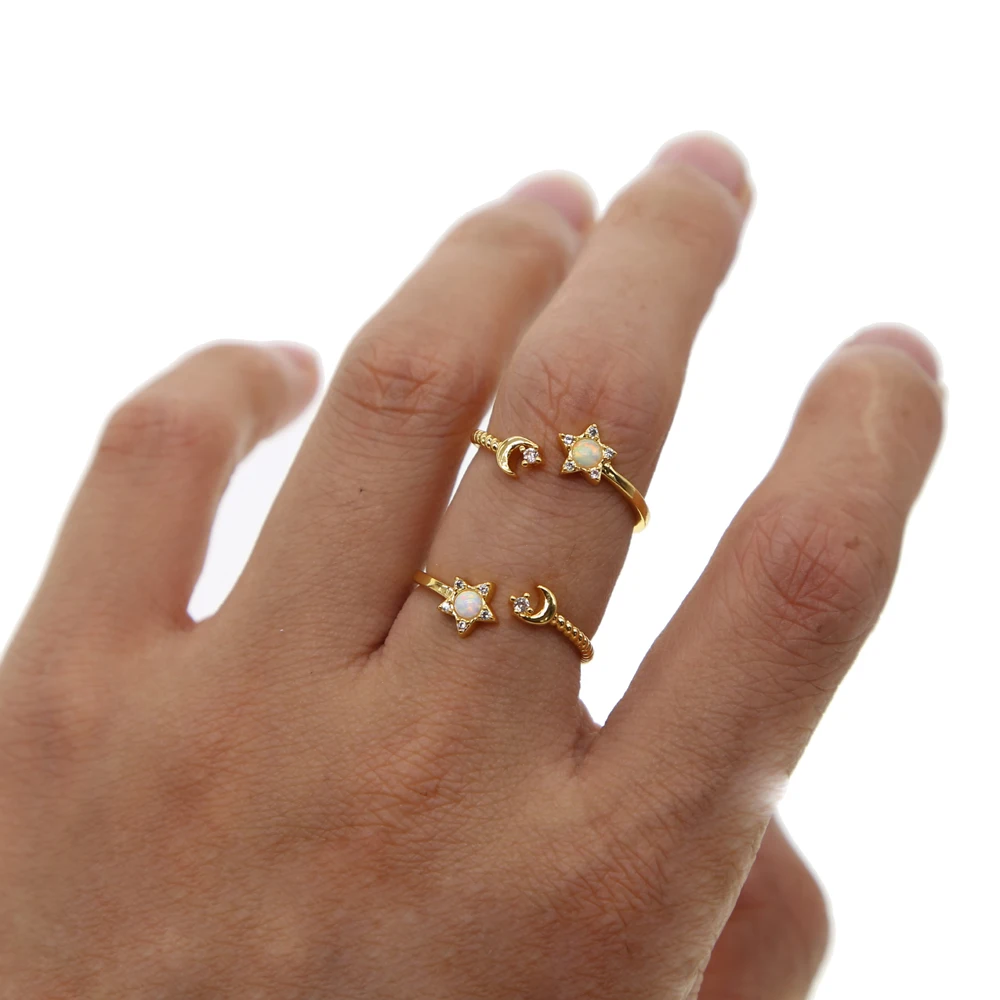 

top quality simple delicate rings gold color thin round opal cz moon star ring yong girl lady gift dainty White fire opal ring