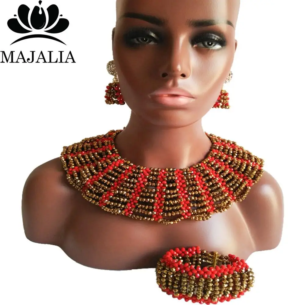 Мода нигерийские Свадебные африканские бусы комплект ювелирных изделий Браун Crystal ожерелье браслет серьги vv-234 - Окраска металла: 4