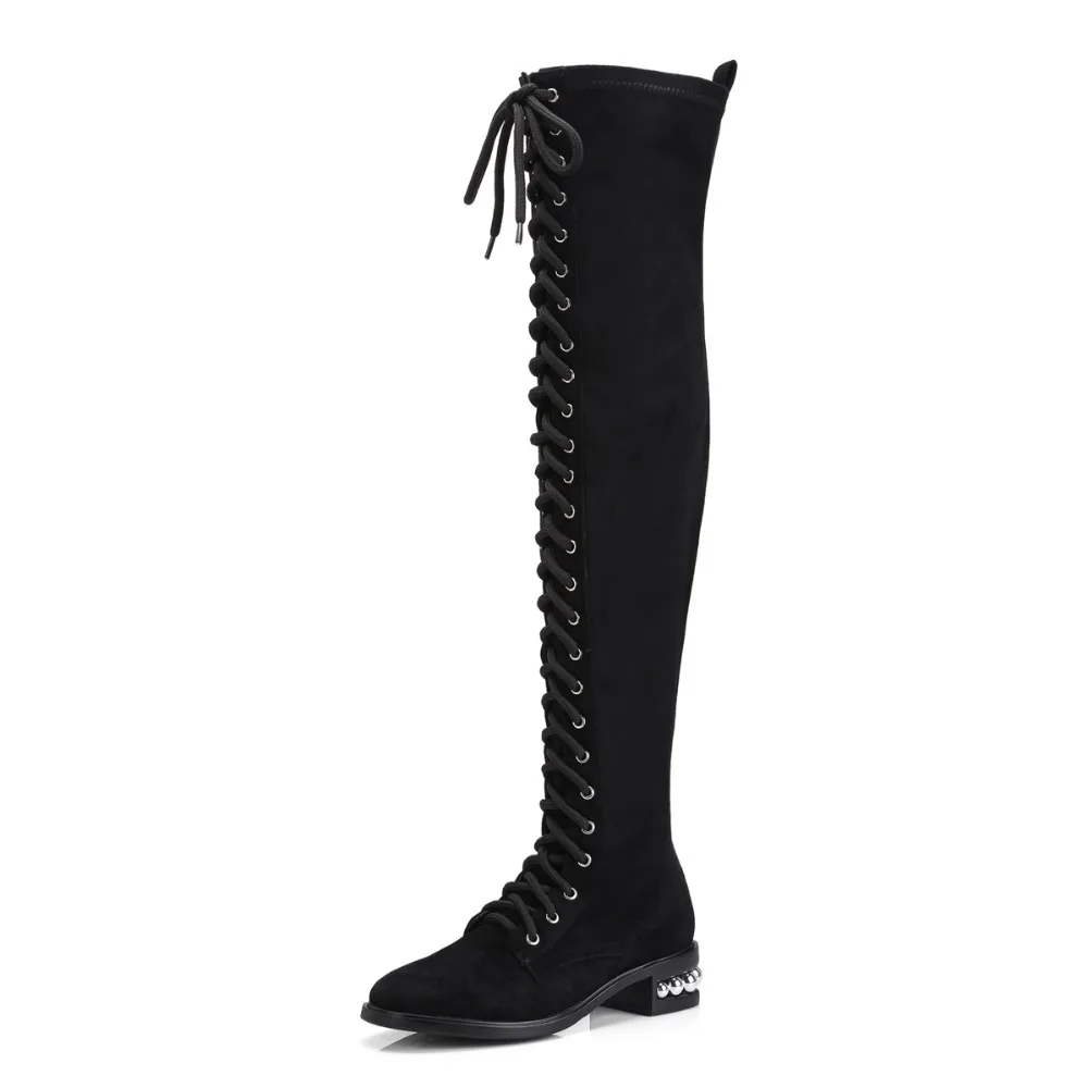 

Thick with over the knee boots 2018 autumn and winter new Korean version of the round head cross straps leather scrub with long