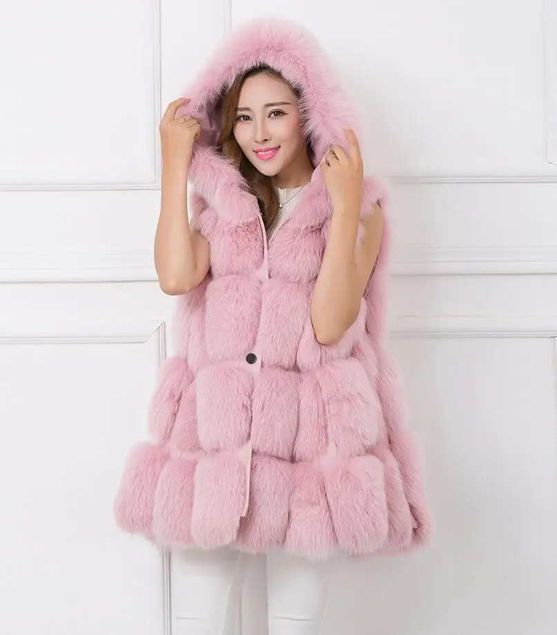 Из Искусственного лисьего меха Зимний жилет Для женщин меховой жилет пальто с капюшоном зимний толстый теплый из искусственного лисьего меха имитация Меховая куртка пальто XXXL - Цвет: Розовый