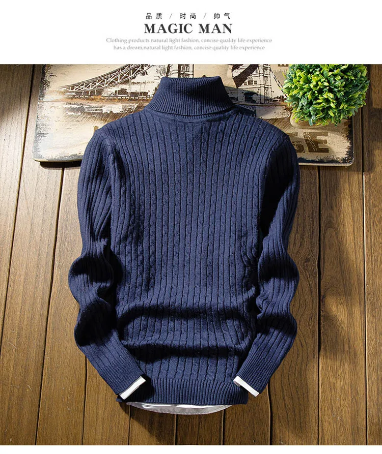 Свитер осенний и зимний горячий мужской можно повернуть Высокий воротник сплошной цвет Тонкий Повседневный твист пуловер Большой размер S-XXXL свитер
