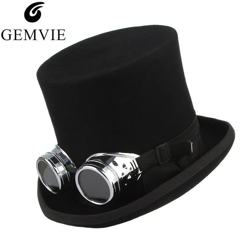 

GEMVIE 100% Wool Felt Top Hat With Glasses Fedoras Rock Band Hat For Men Women Steampunk Costume Hat Mad Hatter Cylinder Hat