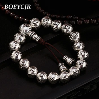 

BOEYCJR 10mm Bead S925 Silver Buddhist Runes Beads Bangles&Bracelets Fine Jewelry Handmade Energy Bracelet for Woman or Men