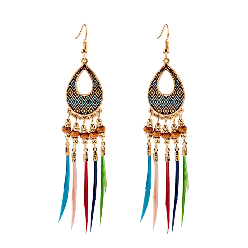 Ethnic Bohemian Boho Long Feather Indian Earrings For Women Brincos Bijoux Charm Gypsy Hippie Tribe Vintage Ladies Earrings - Окраска металла: Style 5