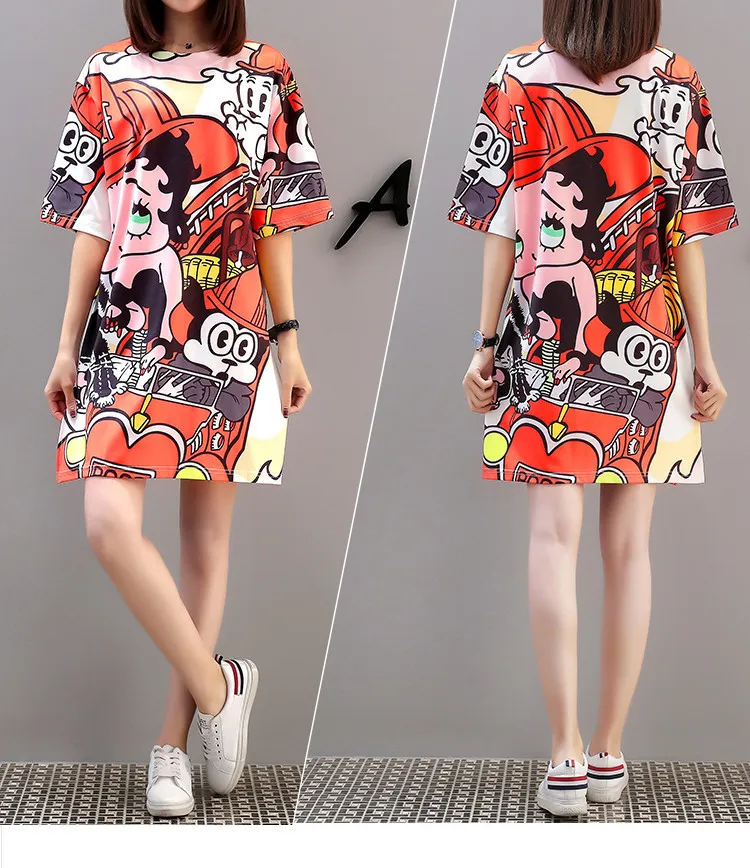 

Cartoon Print Dress Women Short Sleeve T Shirt 2019 Summer Split Long T Shirt Women Casual Maxi Tops Cotton Blend Dress