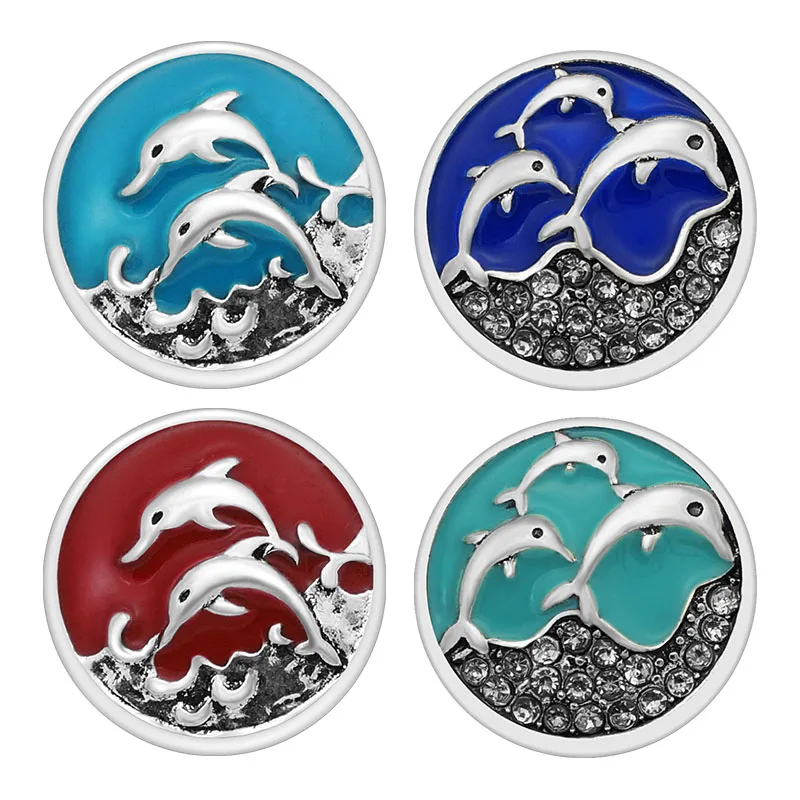 

New Beauty Colorful Oil Lovely dolphin rhinestone 18MM snap buttons for snap jewelry wholesale KZ3245
