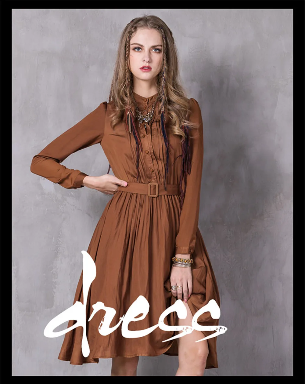Vintage Autumn Women Dress 2017 Polyester Cotton Long Sleeve Stand Collar Belted A-line Pleated Dresses Vestidos Feminino (5)