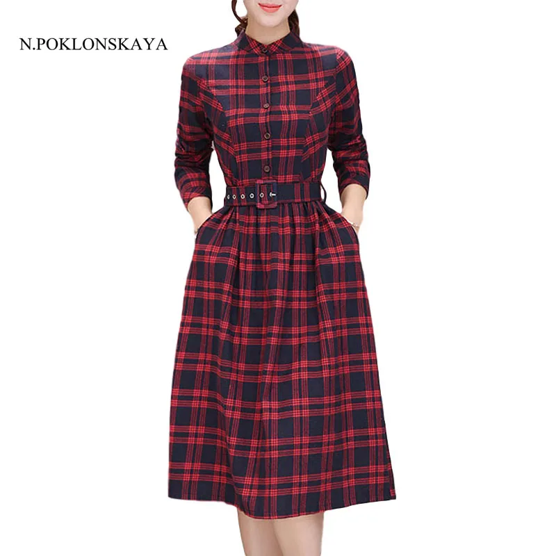 

2017 Vintage Autumn Women Midi Dress Fashion Stand Neck Plaid Female Vestidos Retro Winter Long Sleeve Shirt Dress with Pockets