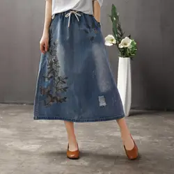 890 летний национальный стиль ретро Женская джинсовая юбка с дырками женский эластичный пояс вышивка листья большие размеры юбки длинная