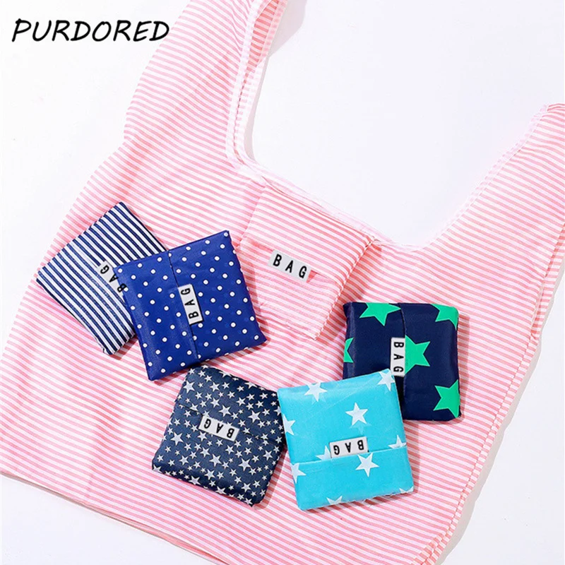 

PURDORED 1 pc Portable Printing Foldable Shopping Bag Tote Folding Shopping Pouch Handbags Large-Capacity Star Storage Bags