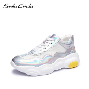 

Smile Circle 2019 spring Women Sneakers Flat Comfortable Platform casual shoes Fashion Wedges Lace-Up Ladies shoes white Silver