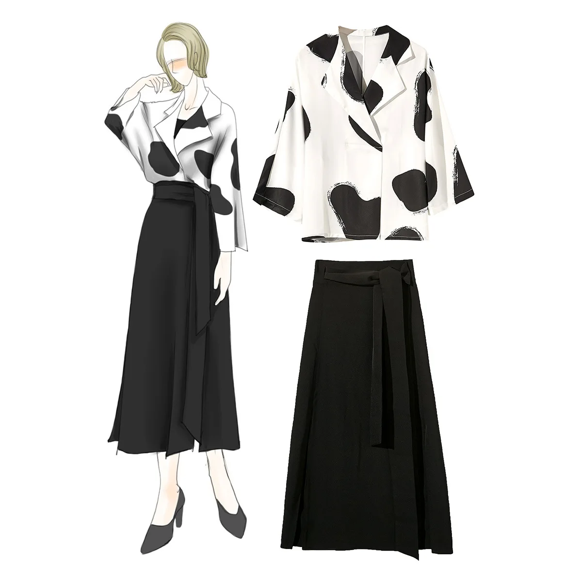 

Boutique women's spring and summer new shoulder bat sleeve jacket with large pendulum half skirt fashion set