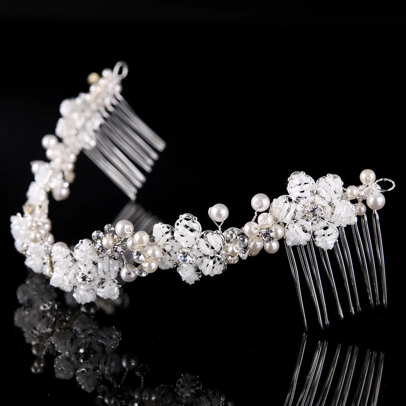 Bridal Hair Comb Headband Crown Tiara Handwork Beaded Pearl Flower