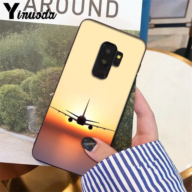 Airplane travel in the sunset