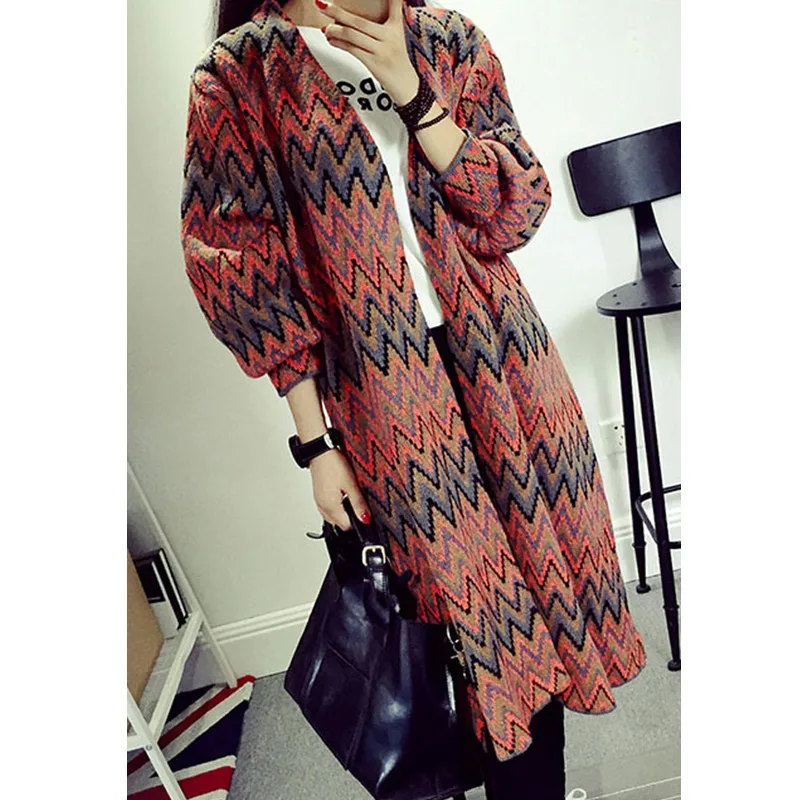 Orange Multiple Wavy Stripes Open Front Cardigan European Fashion Style Long Sleeved Loose Jacket LC27597 -2 |