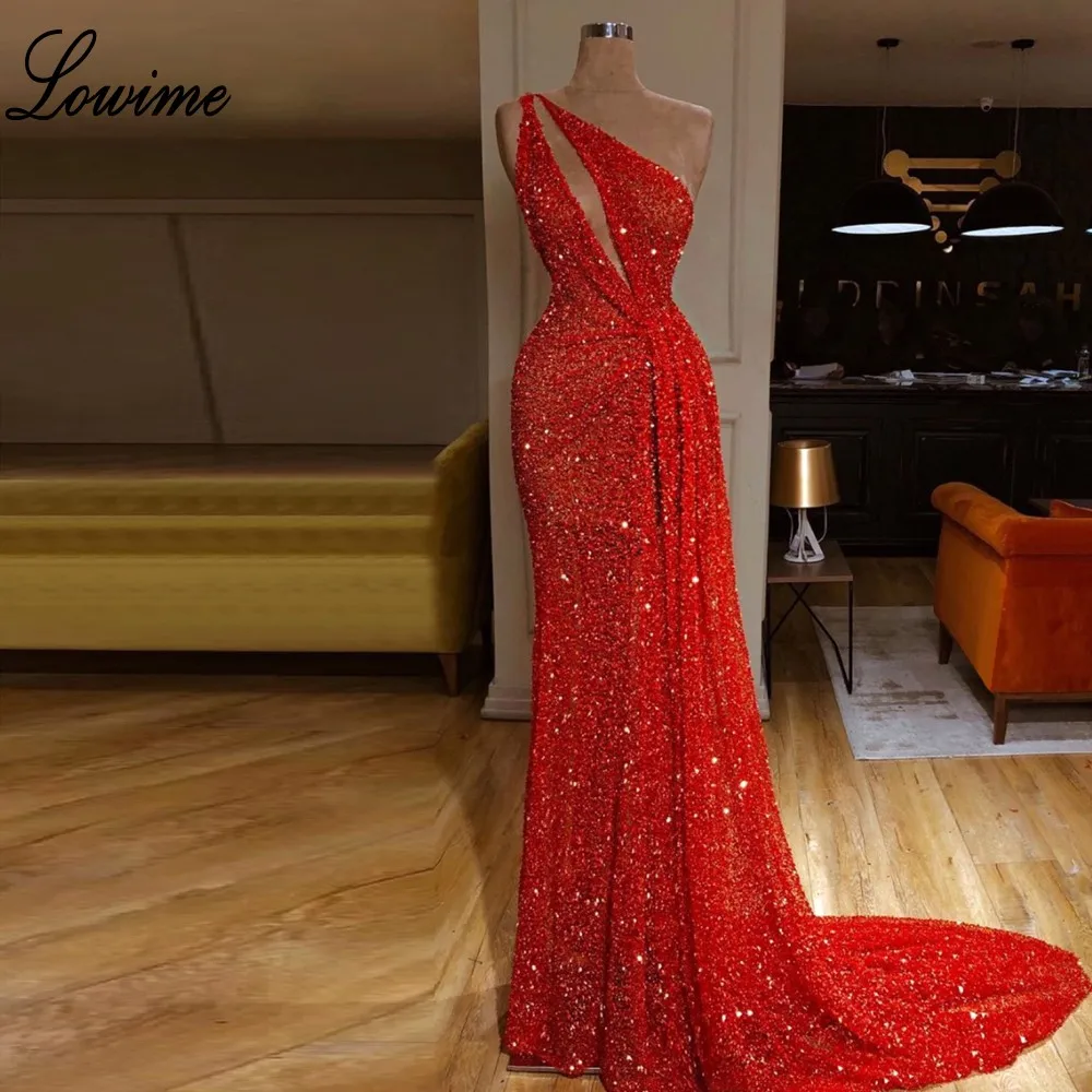 

Long Sexy Red Sequin Prom Dresses 2019 Mermaid Dubai One Shoulder Fashion Evening Prom Party Opening Ceremony Celebrity Gowns