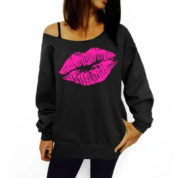 

XUANSHOW Fleece Sweatshirts Women Sexy Red Big Lips Printed Off Shoulder Long-Sleeved Edge Pullovers Hoodies Sudaderas Mujer