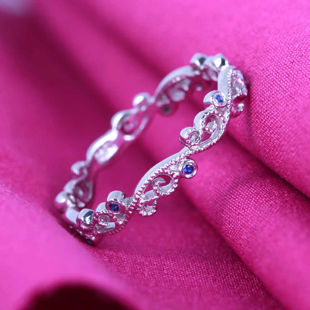 HELON Real 14k White Gold Engagement Wedding Genuine Sapphires Ring Art Deco Retro Antique Milgrain Style Band