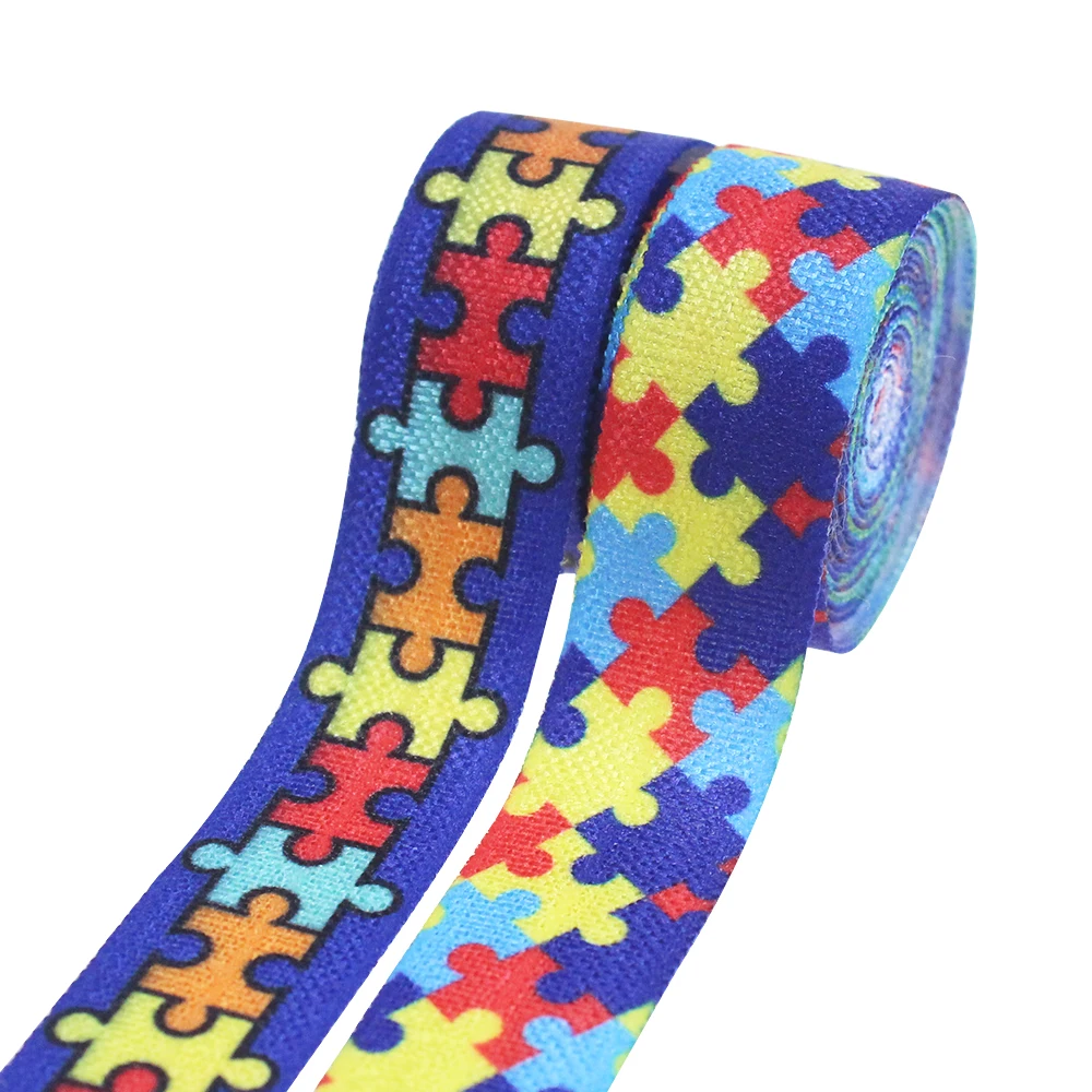 

5/8" 16mm picture puzzle heat transfer printing fold over elastic for kids' hair bands autism awareness 50 yards per roll