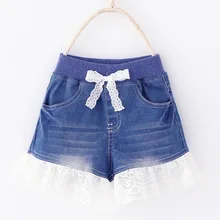 M-07, розничная, летние детские шорты для девочек, однотонные джинсовые шорты с кружевным подолом