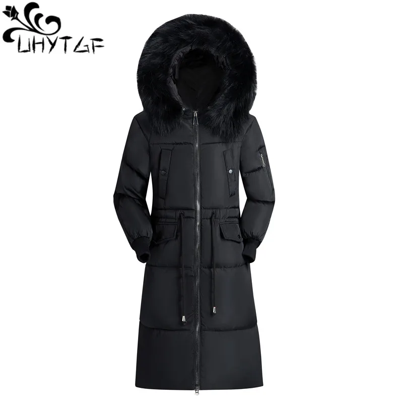 #*Cheap UHYTGF Oversized Parker Women Thicken long Down jacket Warm Outerwear Fur collar Hooded Snow Winter Cotton coat plus size 1042