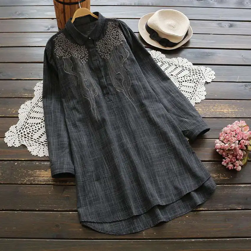 

Mferlier Autumn Women Long Blouses Cotton Linen Blouse Shirts Oversize Female Clothing Loose Long Sleeve Stand Collar Blouse