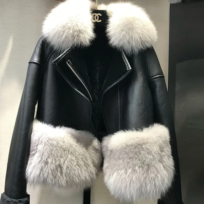 

Winter Jacket Coat Women Brand 2019 Double-faced Fur Coat With Fox Fur Collar Black Real Sheepskin Leather Jacket Wool Liner