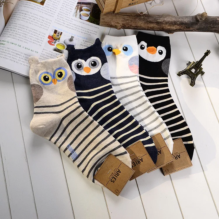 1 пара новых милых корейских носков высокого качества носки в полоску с принтом Совы хлопковые носки женские повседневные носки с персонажами 4 цветов