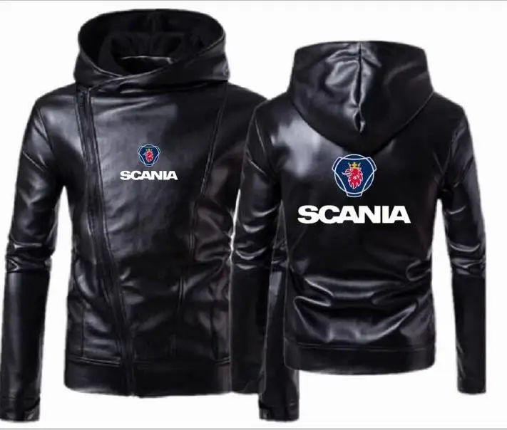 

Men's scania leather hooded jacket punk England diagonal locomotive car motorcycle bicycle leather jack
