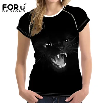 

FORUDESIGNS Cool Black Cat Printed Round Nech T Shirt for Women's Summer Short Sleeve Tops Tee Shirts Brand Casual T-shirt Girls