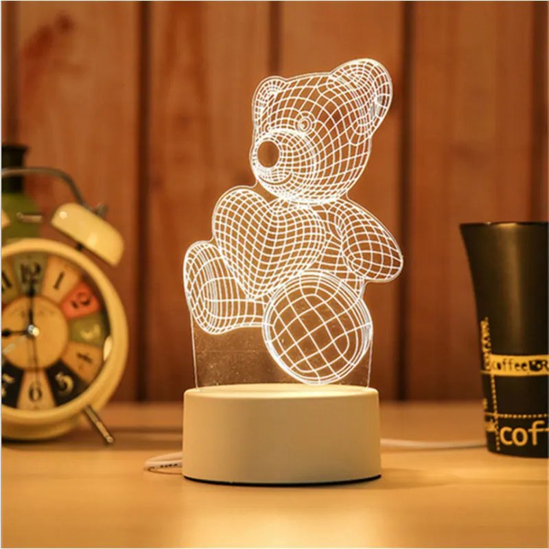 Светодиодный 3D настольный ночник с питанием от USB, акриловая лампа для украшения спальни, подарок, теплая белая лампа - Испускаемый цвет: Bear