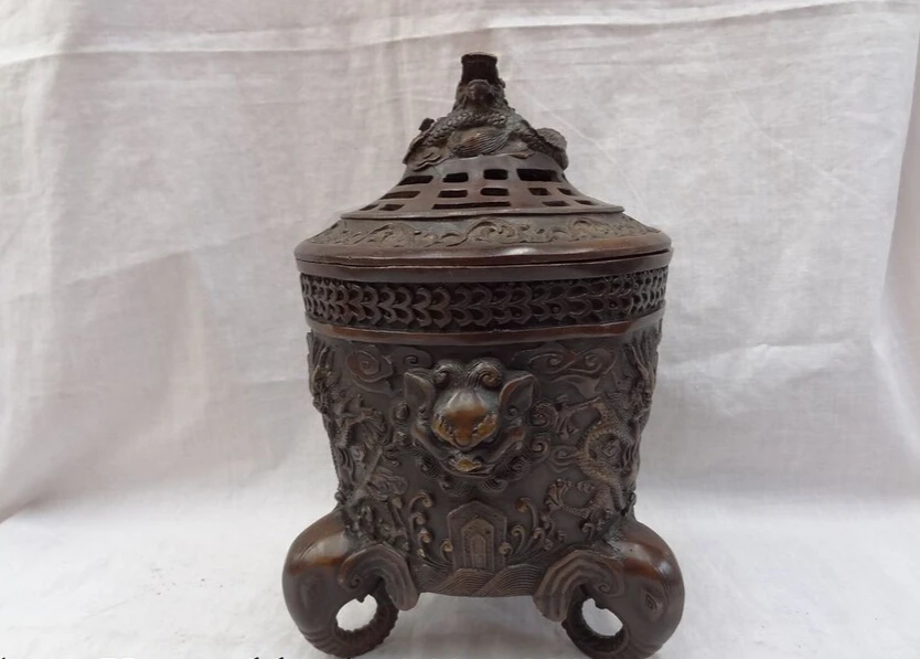 

song voge gem S3964 10" Chinese Bronze Buddhism Dragon Lion Head Statue Elephant Tibet Box Censer