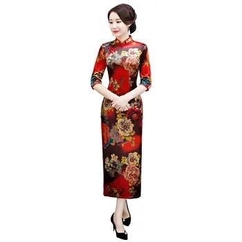 

Shanghai Story 2019 New Sale 3/4 Sleeve Vintage Floral Qipao Long Velvet Cheongsam Dress Women's Chinese Traditional Dress