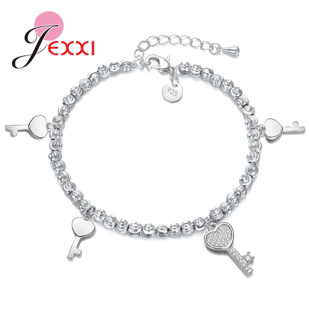 

JEXXI Romantic Crystals Heart Key Authentic 925 Sterling Silver Women Female Bracelets Bangles Lovely Valentine's Day Gifts