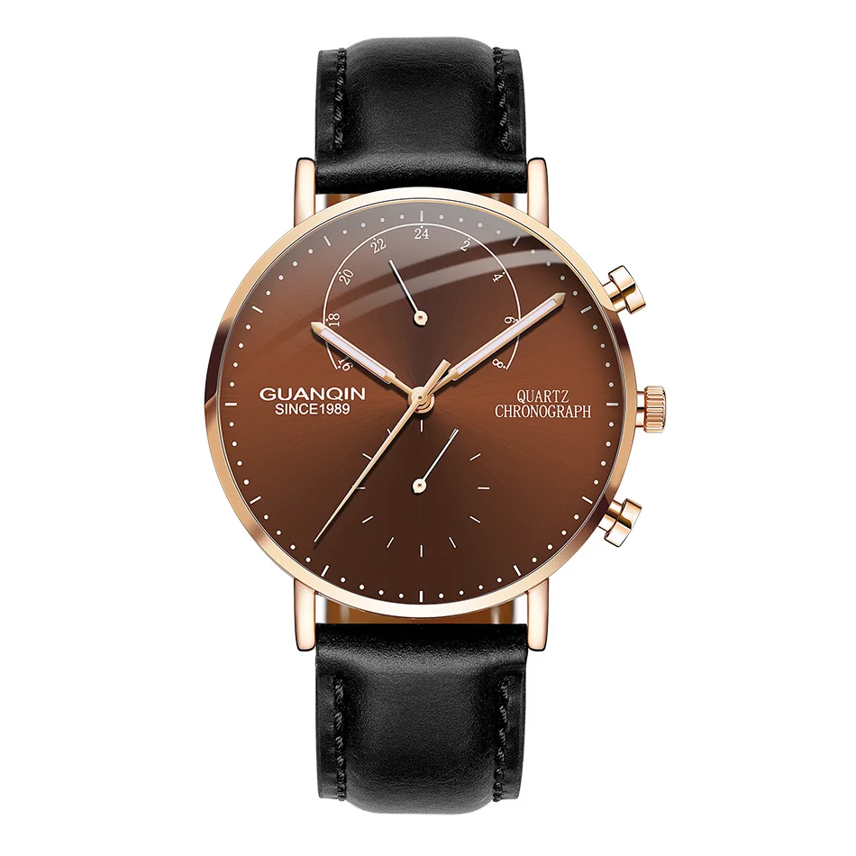 GUANQIN брендовые роскошные часы, мужские модные креативные аналоговые светящиеся часы с хронографом и кожаным ремешком в стиле ретро, кварцевые часы - Цвет: Black Gold Brown