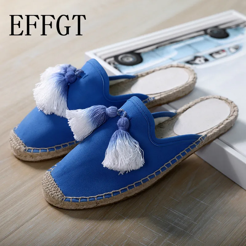 

EFFGT Espadrilles Women Tassel Flats Latest Suede Slippers Round Toe Hemp Fringe Mules Sandals Blue Shoes Fisherman slippers K98