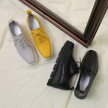 

GPOKHDS 2020 women fashion sneakers cow leather yellow color autumn spring Vulcanize Shoes casual increasing wedges sneakers