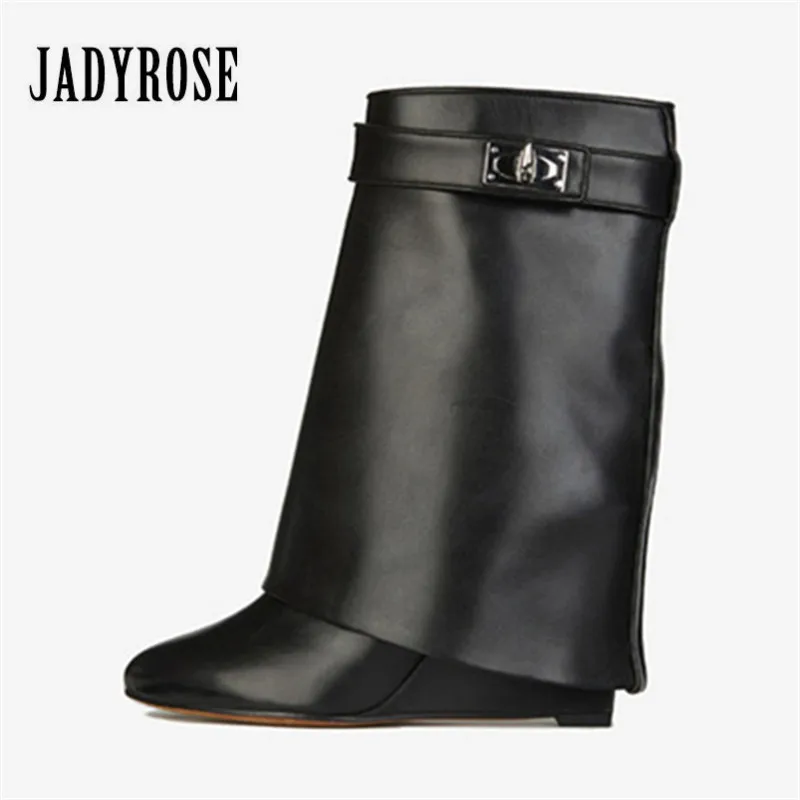 Achat Jady Rose Shark Verrouillage Véritable En Cuir Femmes Wedge Bottes Hauteur Croissante Replier Haute Boot Femelle Martin Bottes Coins