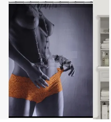 Naked lady behind shower curtain