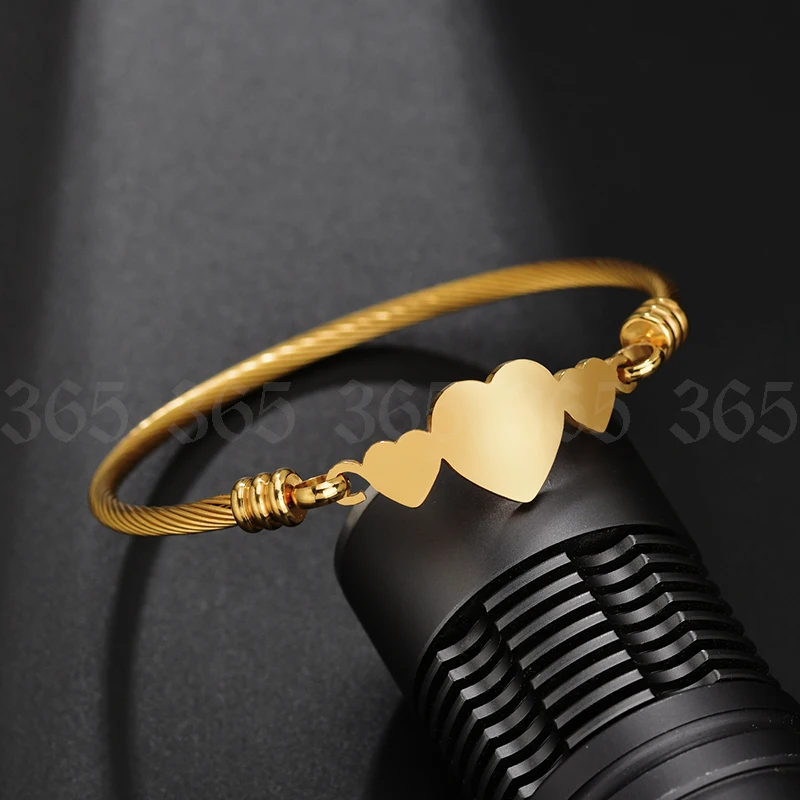 Trendy Stainless Steel Three Heart Cuff Bracelet Gold Silver Color Lady Girl Elegant Heart Bangle Party Wedding Jewelry