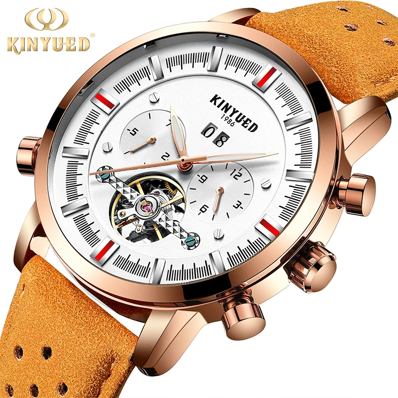 

Kinyued Mechanical Watch Men Gold Luxury Leather Band Automatic Luminous Hand Watches Skeleton Tourbillon Male Wristwatch Uhr
