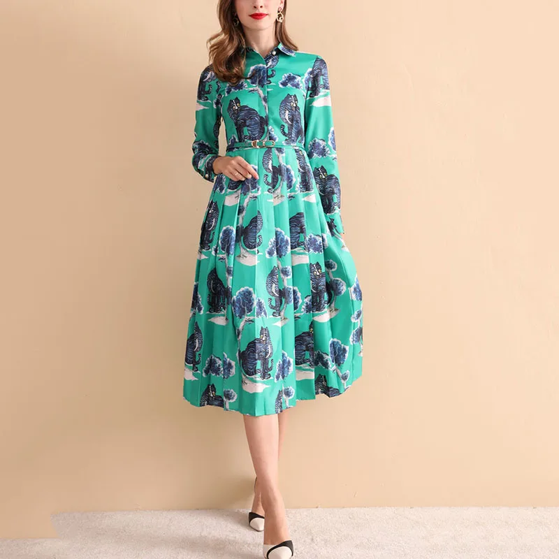 green dress with long sleeves animals print 2018 autumn women