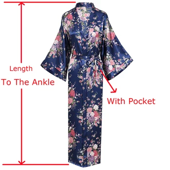 

Female New Navy Blue Floral Robe Home Dress Wedding Bride Bridesmaid Long Summer Sleepwear Women Satin Kimono Bathrobe 3XL