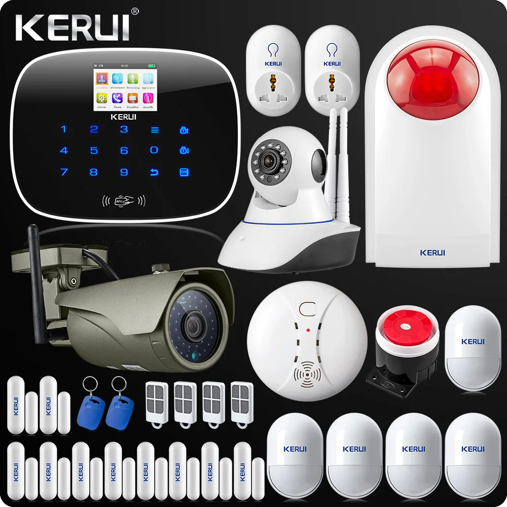 

Kerui APP Wireless GSM Alarm System TFT Color Display Autodial Burglar Intruder Security Alarm Wireless IP Wifi Camera 1080P